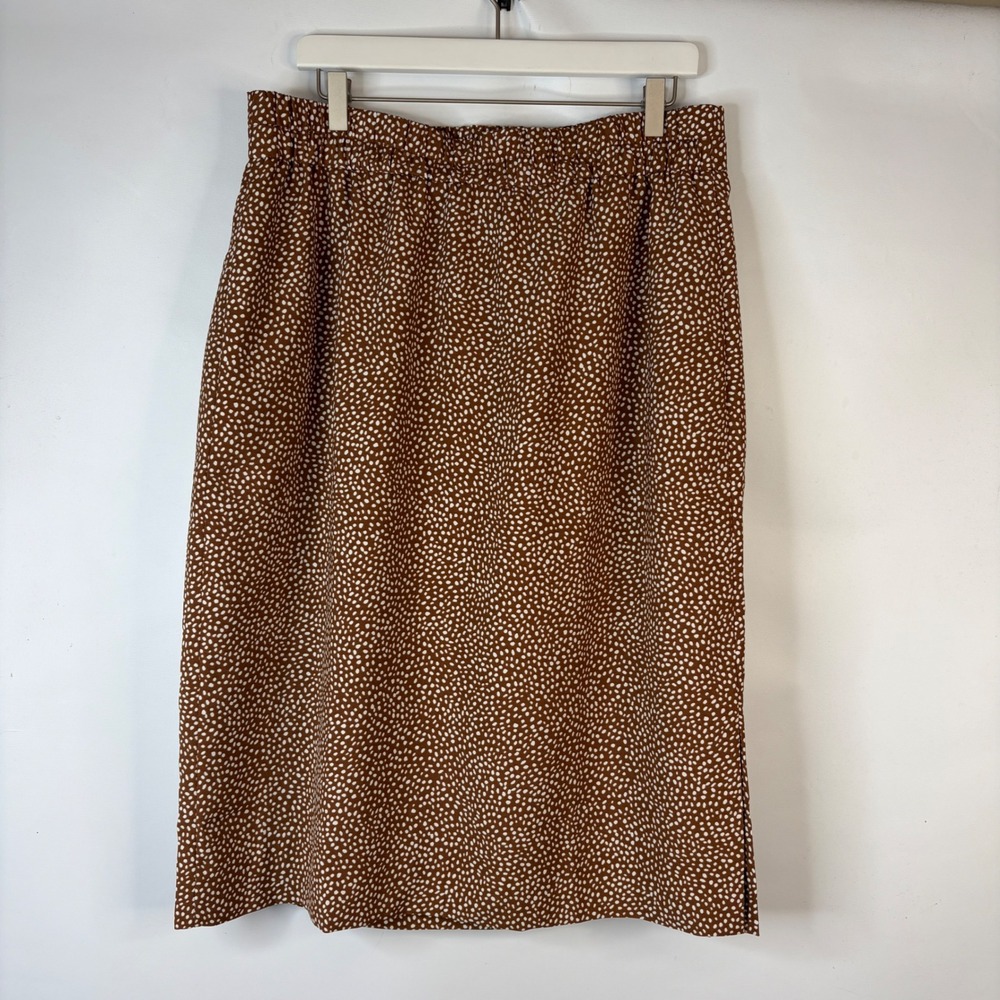 J.Crew Midi Skirt Women Size L Brown Polka Dot Elastic Waist Lined Side Slit
